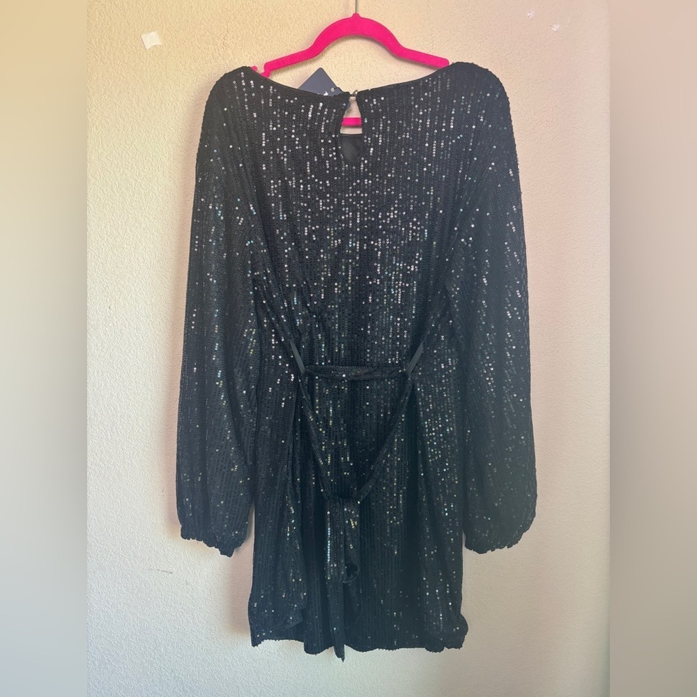 NWT Anna-Kaci Black Sequin Belted Crew Neck Long Sleeve Mini Party Dress XL - Picture 8 of 12